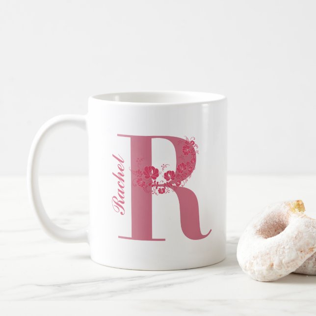 Caneca De Café Mug com Monograma Floral - Letra R (Com Donut)
