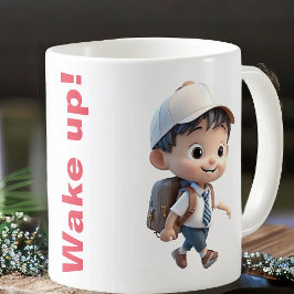 Caneca De Café Mug com o despertador tocando e um garoto fofo