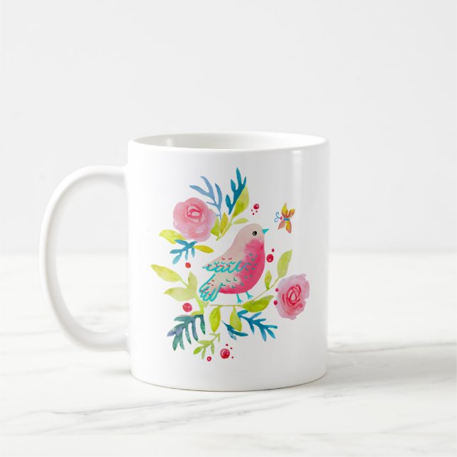 Caneca De Café Mug Cute pink bird on a branch. (Esquerda)