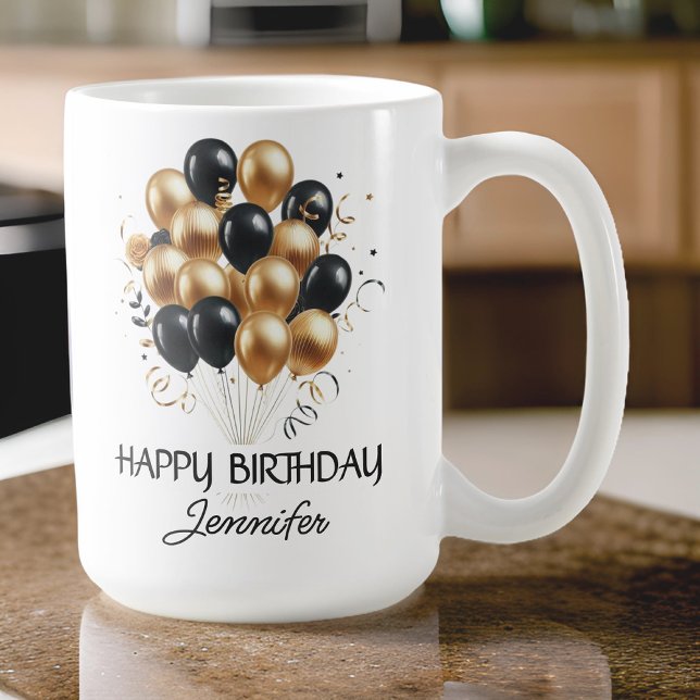 Caneca De Café Mug de aniversário feliz personalizado, presente p (happy birthday mug, black and gold balloons mug, custom name mug, personalized birthday gift,)
