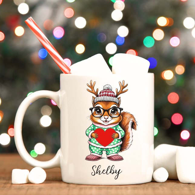 Caneca De Café Mug de Natal Personalizado de Esquilo Gelado (Cute reindeer squirrel with Christmas personalized mug. )