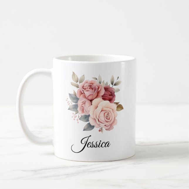 Caneca De Café Mug de Rosas Rosa Personalizadas - Nome Personaliz (Esquerda)