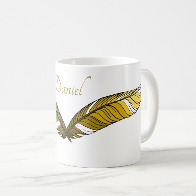 Caneca De Café Mug - Duas Penas Amarelas e Nome (Frente Esquerda)