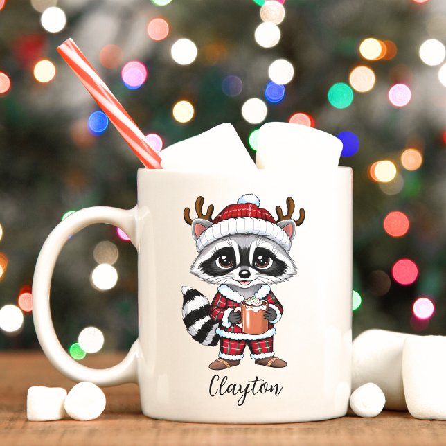 Caneca De Café Mug Feriado de Natal de Cute Raccoon (Reindeer raccoon personalized Christmas mug)