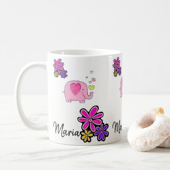 Caneca De Café Mug Floral de Elefante Rosa (Com Donut)