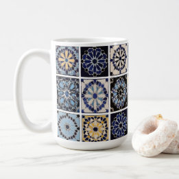 Caneca De Café Mug - Moroccan Zellige Mosaic Navy Mustard Tile