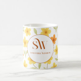 Caneca De Café Mug Personalizado com Flores Laranja e Amarelo