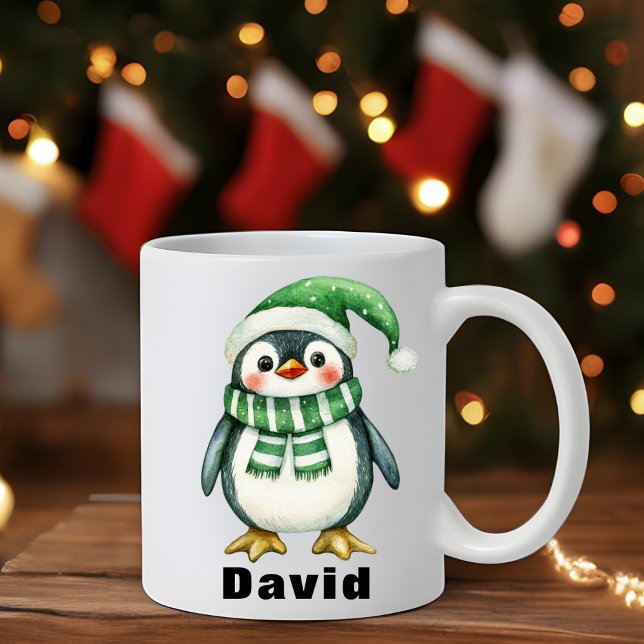 Caneca De Café Mug Personalizado de Nome Personalizado do Pinguim (Personalized Green Hat Penguin Custom Name Mug)