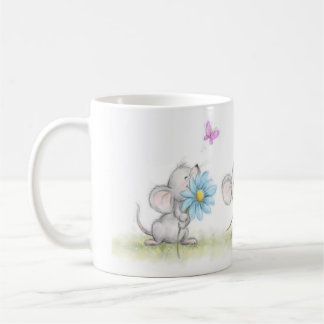 Caneca De Café mug with three cute mice holding pretty flowers