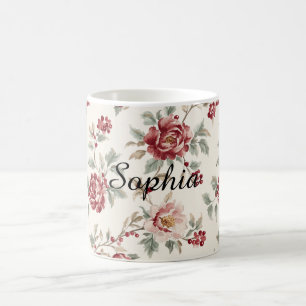 Caneca De Café Muito Chic Floral Vermelho Creme  