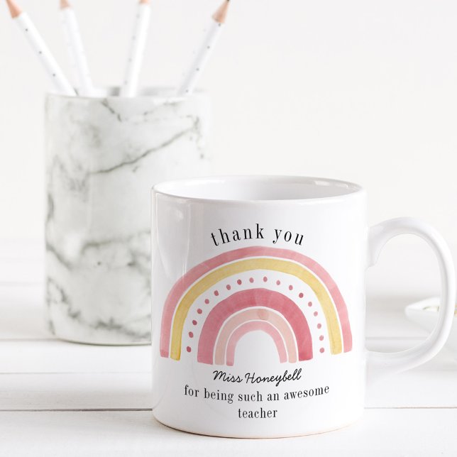 Caneca De Café Muito Obrigado Doodle Rosa Arco-íris Incrível Prof (Awesome Teacher thank you gift mug with pastel rainbow)