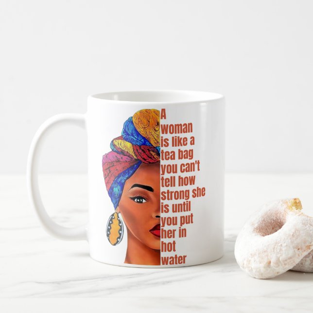 Caneca De Café Mulher Afro-Americana Inspiradora com Citação (Com Donut)