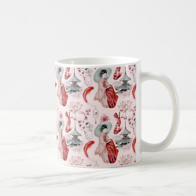 Caneca De Café Mulher aquarela japonesa Pagoda Lotus Koi Fish (Direita)