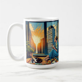 Caneca De Café Mulher Assistindo ao Nascer do Sol com seu Gato