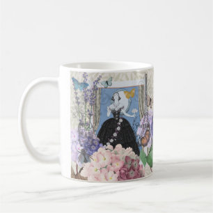 Caneca De Café Mulher Azul Elegante Vestido Floral Chique