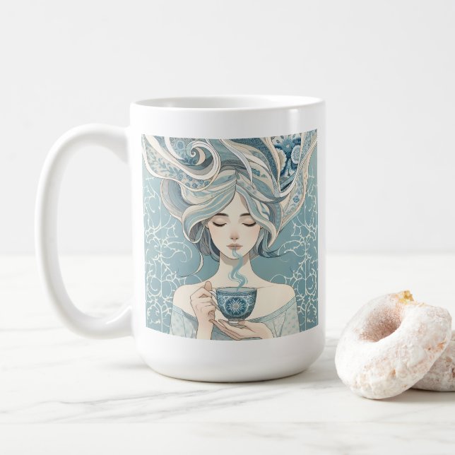 Caneca De Café Mulher Azulejo otomana com chá - Fluxo Azul Suave (Com Donut)