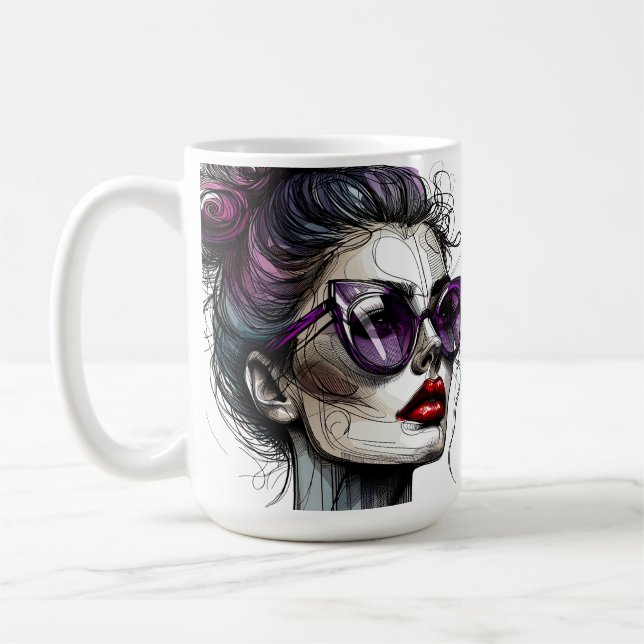 Caneca De Café Mulher bonita de óculos de sol e batom roxo (Esquerda)