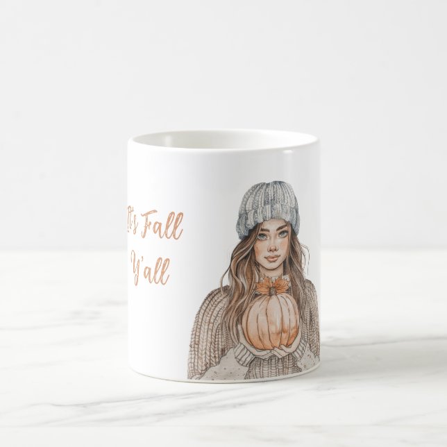 Caneca De Café Mulher de Cabelo Castanho Chapéu Abóbora É Outono  (Centro)