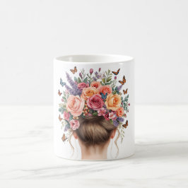 Caneca De Café Mulher de Coroa Floral com Rosas e Borboletas Água