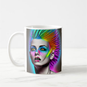 Caneca De Café Mulher Distópica com Mohawk Arco-Íris Abstrato Mod