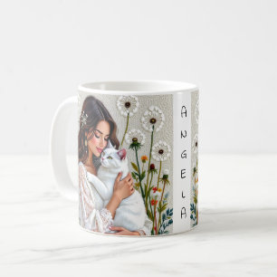Caneca De Café Mulher e Gato Branco e Dandelions