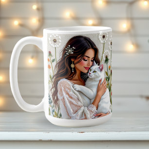 Caneca De Café Mulher e Gato Branco e Dandelions