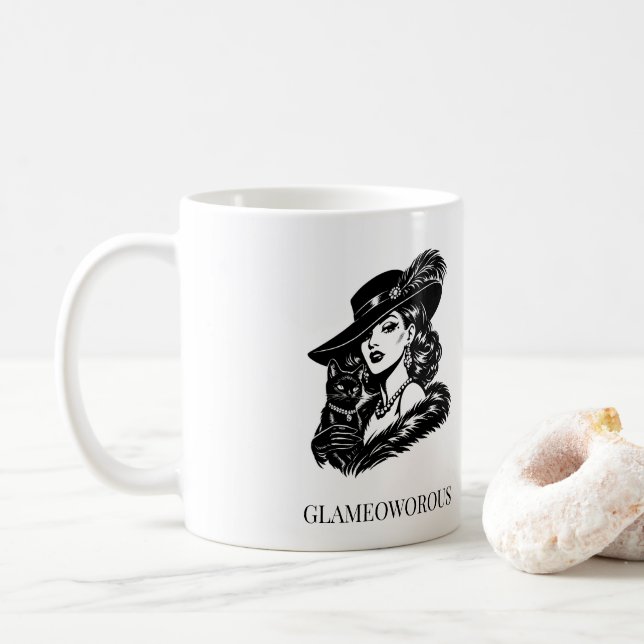 Caneca De Café Mulher Glamurosa com Ilustração de Moda de Gato (Com Donut)