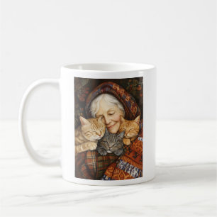 Caneca De Café Mulher Idosa Embarcando Três Gatos Cozy