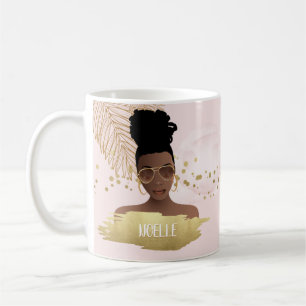 Caneca De Café Mulher Negra, Folha e Formas Douradas Tropicais, R