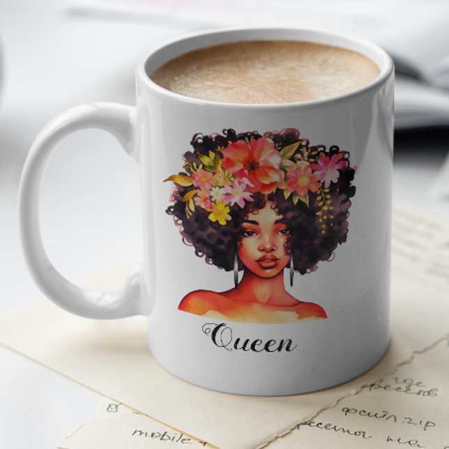 Caneca De Café Mulher Preta Floral de Aquarela com Cotação Person (Criador carregado)