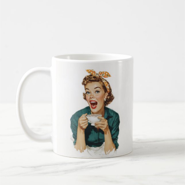 Caneca De Café Mulher Retro Alegre Desfrutando Café (Esquerda)