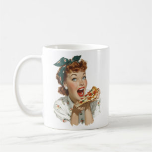 Caneca De Café Mulher Retro Disfrutando de uma Fatia de Pizza