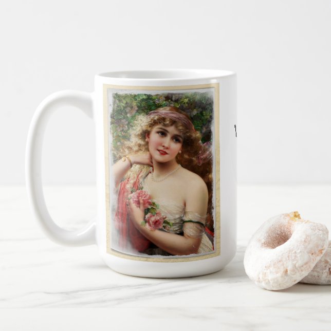 Caneca De Café Mulher Vitoriana com Rosas Rosadas (Com Donut)