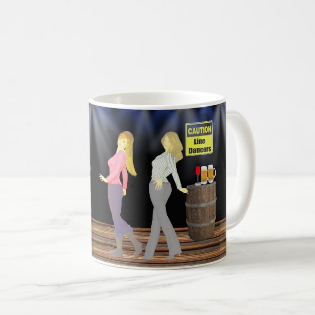 Caneca De Café Mulheres Dançando Linha Com Sinal De Cuidado (Frente Esquerda)