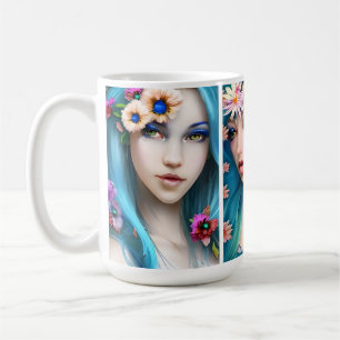 Caneca De Café Mulheres etéreas com Flores no Cabelo Azul