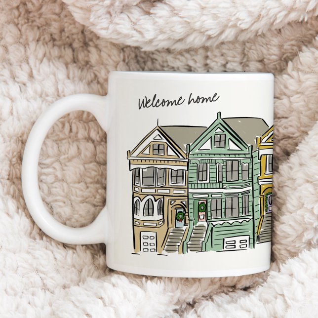 Caneca De Café Mulheres Pintadas São Francisco Bem-Vindo (Hand-drawn coffee mug featuring an illustration of the Painted Ladies in Alamo Square, San Francisco)