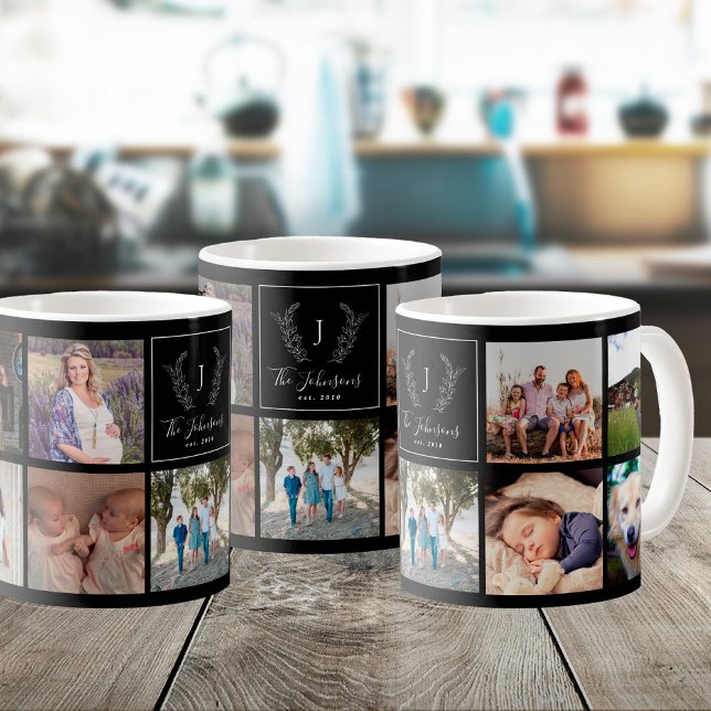 Caneca De Café Múltipla foto da família monogramada em preto e br (Criador carregado)