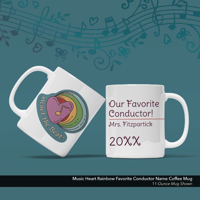 Caneca De Café Music Heart Rainbow Nome do Condutor Favorito (Music Heart Rainbow Favorite Conductor Coffee Mug: Customize the Text, Name, and Year )