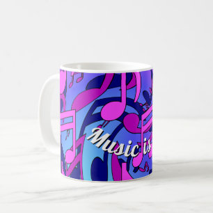 Caneca De Café Música Bonita Notas Animadas Rosa Roxo Azul Água