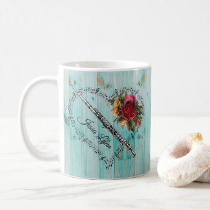 Caneca De Café Música de Flauta Nota Coração Azul Flores de Madei