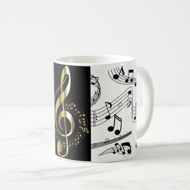 Caneca De Café Música Notas de Black White Faux Dourado Clef Musi (Frente Esquerda)