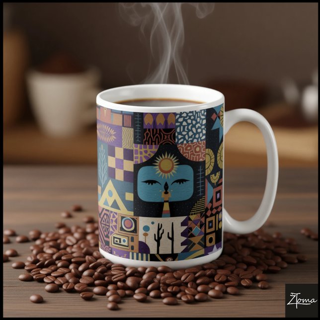Caneca De Café Muted Earthy Folk Art Patchwork Quilt (Criador carregado)