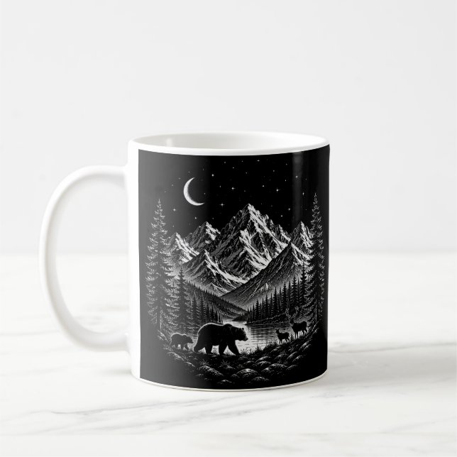 Caneca De Café Mystic Mountain Wilderness Night Estilo Linocut (Esquerda)