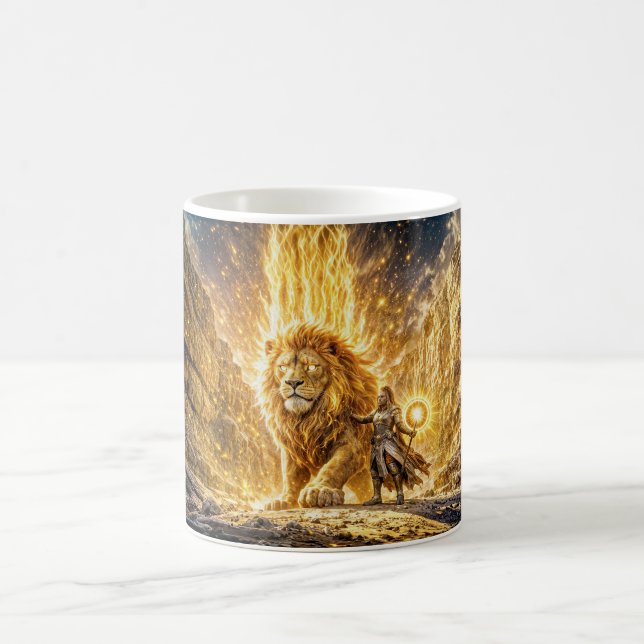 Caneca De Café Mystical Leo Zodiac in Fiery Fantasy Scene (Centro)
