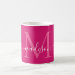 Caneca De Café Na moda de Script Magenta Branco Magenta, Cor-de-R<br><div class="desc">Mangueira Magenta Branca,  Cor-de-Rosa-Quente,  Elegante,  Script Na moda,  Café Preto</div>