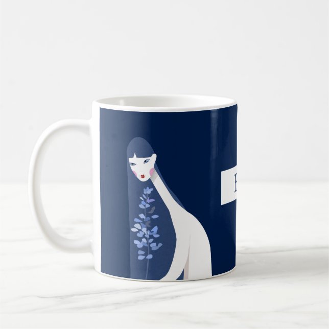Caneca De Café Na moda estética Marinho artístico  azul Folhas de (Esquerda)