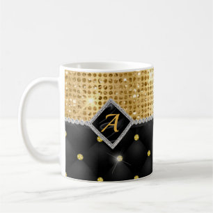 Caneca De Café Na moda faux Monograma de diamante preto Crystal D