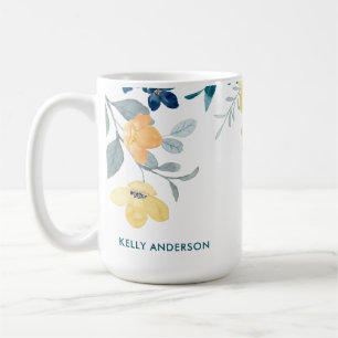 Caneca De Café Na moda Monograma Amarelo e Azul Aquarelas floral