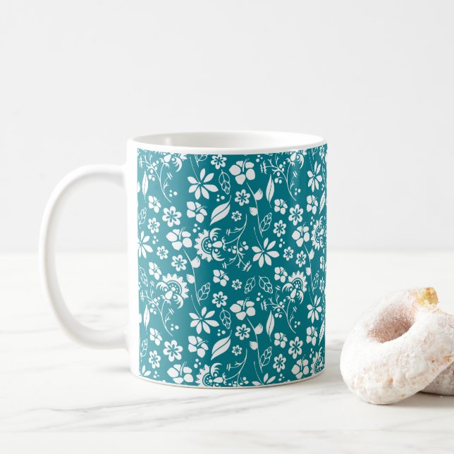 Caneca De Café Na moda Teal Turquoise Azul Padrão Floral (Com Donut)