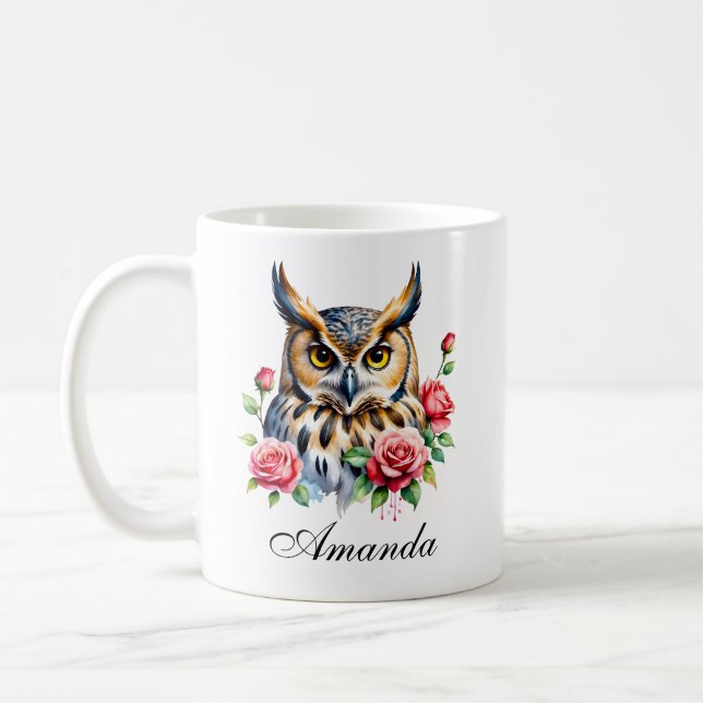 Caneca De Café Na moda Watercolor Floral Owl (Esquerda)